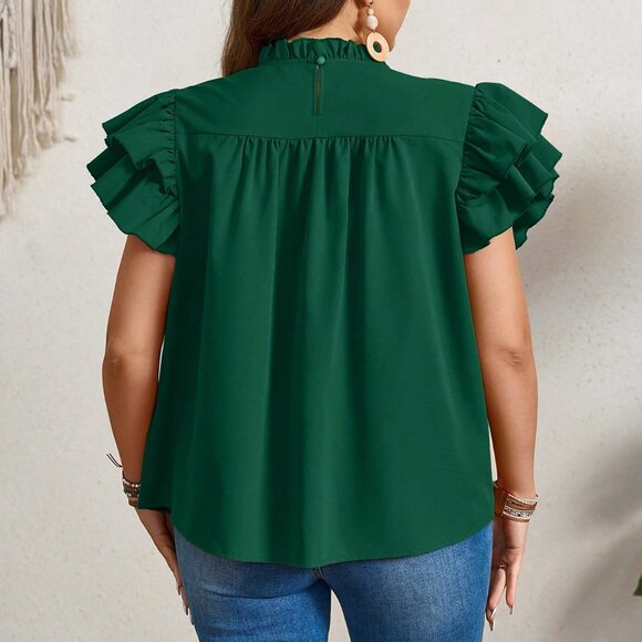 Dark Green Casual Women's Plus Size Ruffle Trim Blouse - Picture 2 of 6